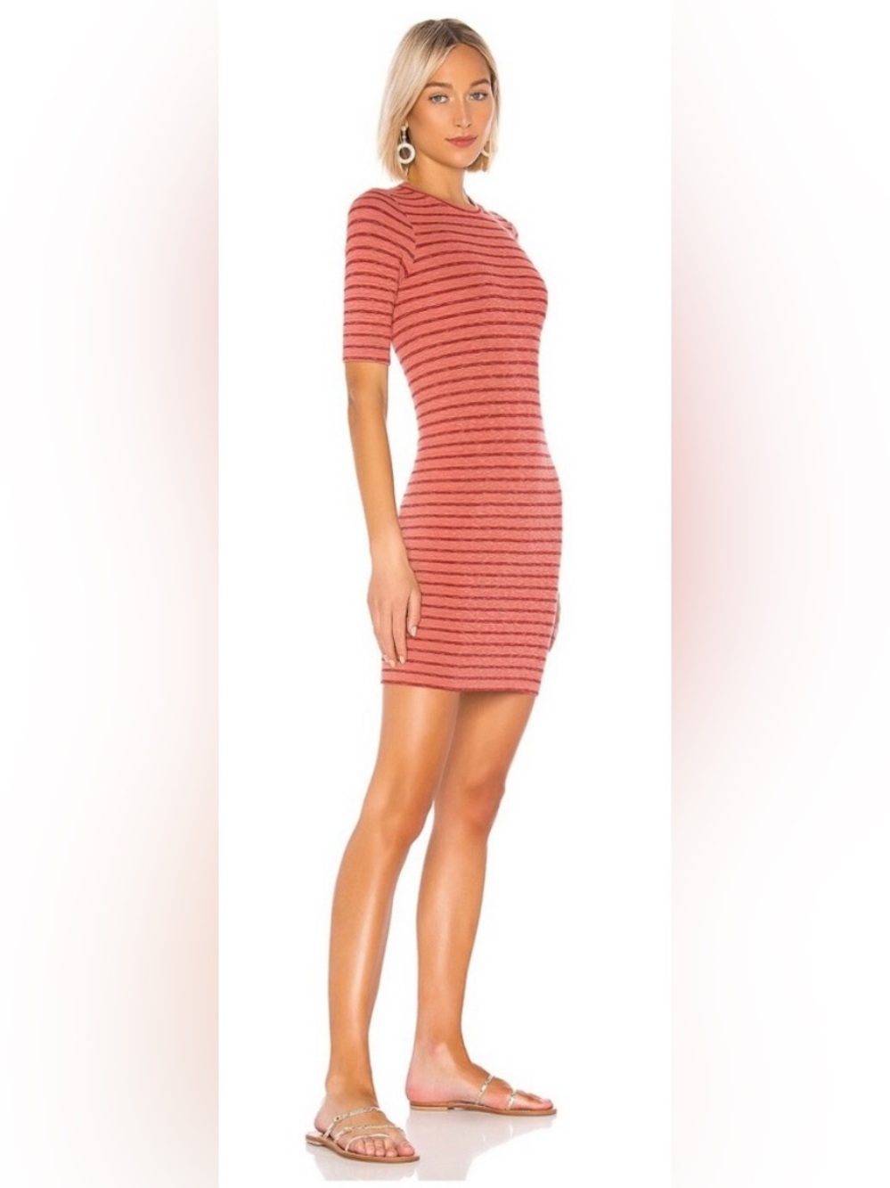 Enza Costa Rib Short Sleeve Mini Dress in Pink Sand & Red